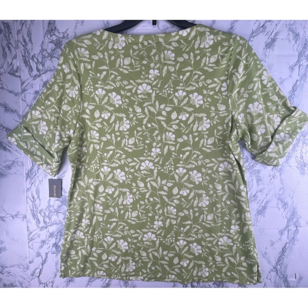 Style&Co. Womens Plus Size 1X Green Floral Print Elbow Sleeve Tee - Picture 2 of 9